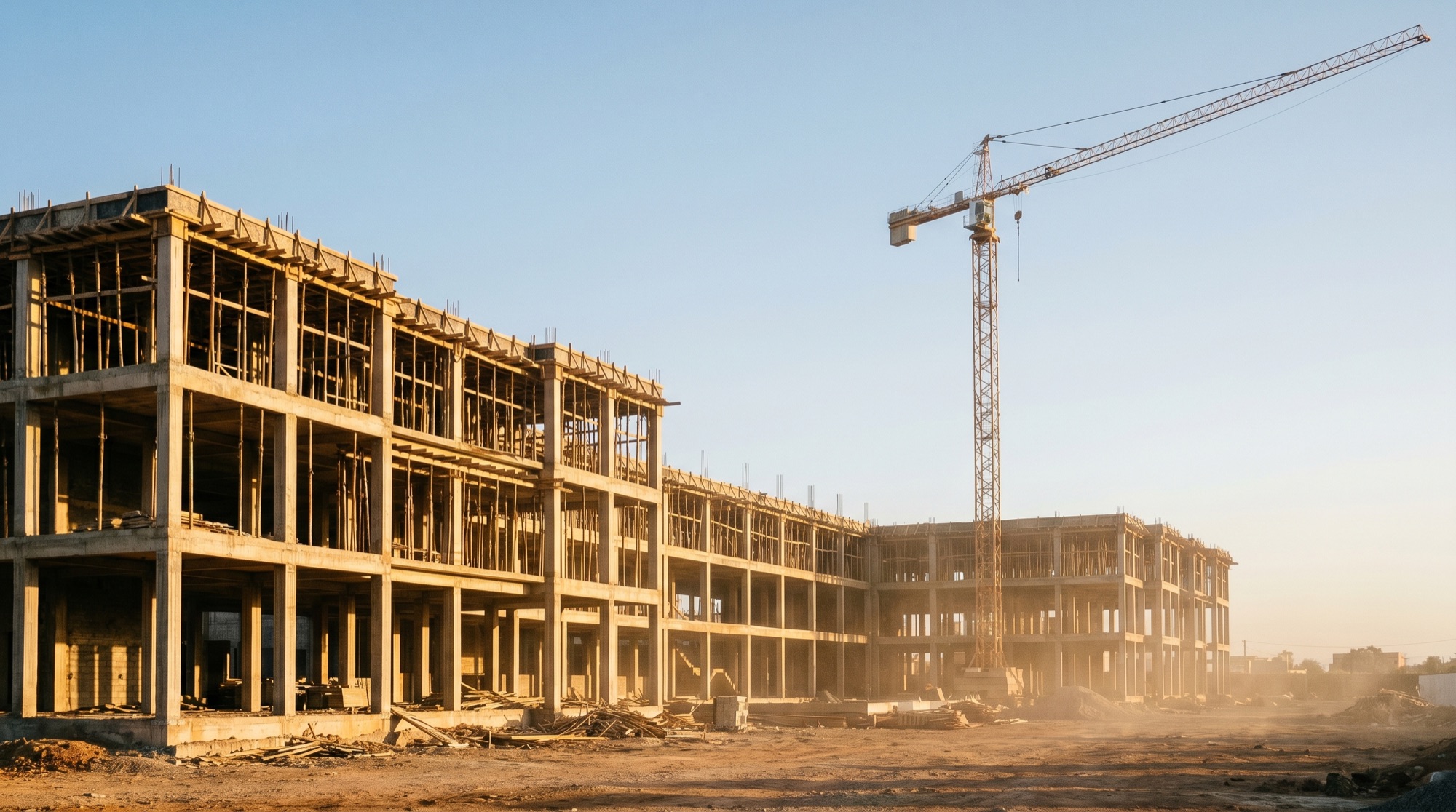 Chantier de construction à Agadir, lumière dorée